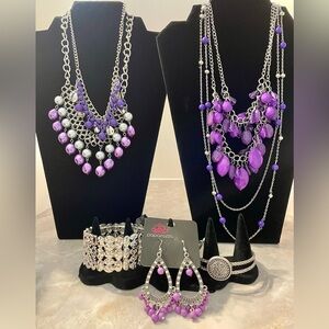 Paparazzi purple jewelry set-4 necklaces, 2 bracelets, and 5 dangle earrings.